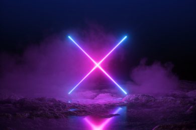 3d render, abstract ultraviolet background, neon light, cosmic landscape, cross shape, pink blue lines, virtual reality, energy source, blank space, laser show, smoke, fog, ground